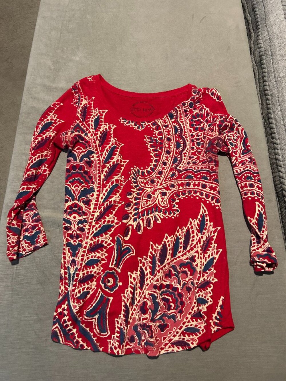 LUCKY BRAND Red Blue Paisley Floral Mixed Media Contrast Back Knit Top XS
